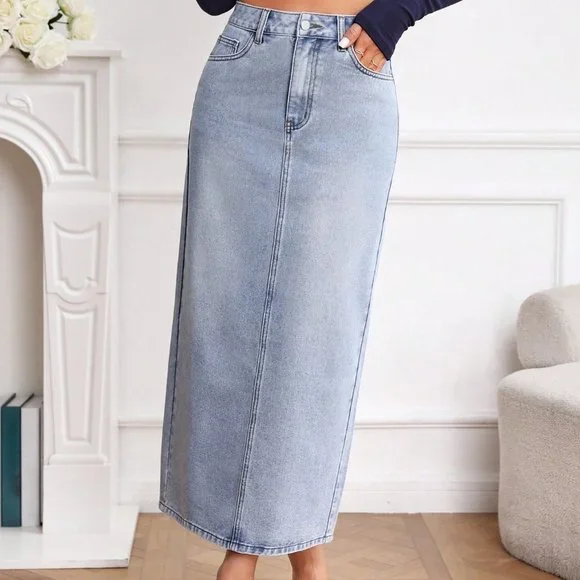 Blue Casual Womens High Waist Split Back Straight Denim Skirt - Picture 2 of 5